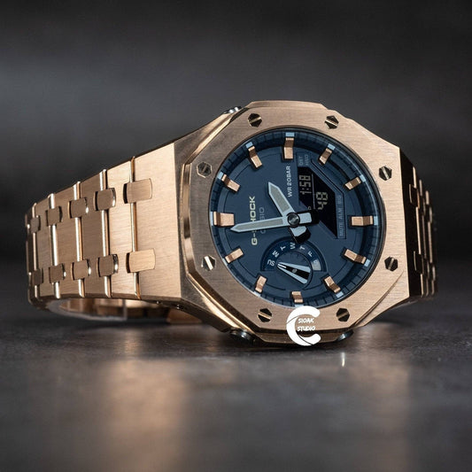 Casioak Mod Watch Rose Gold Case Metal Strap Blue Rose Gold Time Mark Blue Dial 44mm- Casioak Mod Casio G-Shock Royal Oak Custom Mens Luxury Watches Ga2100