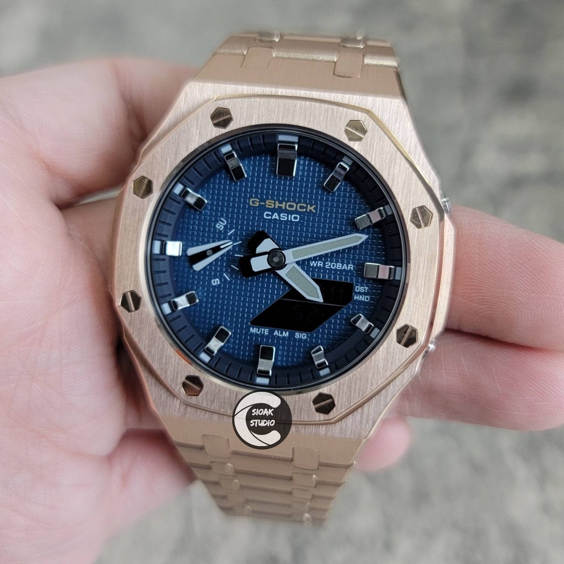 Casioak Mod Watch Rose Gold Case Metal Strap Blue Silver Time Mark Blue Dial 44mm- Casioak Mod Casio G-Shock Royal Oak Custom Mens Luxury Watches Ga2100