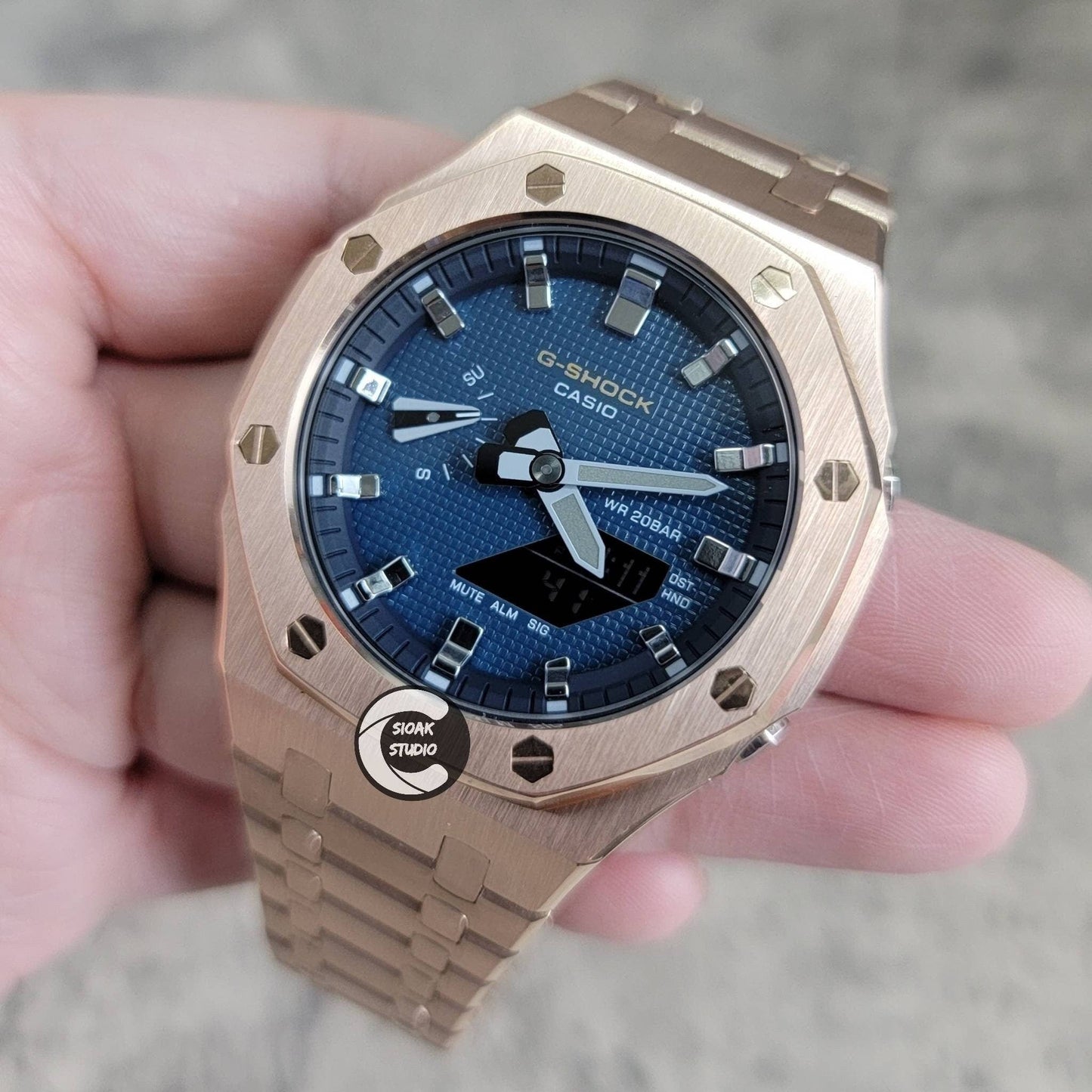 Casioak Mod Watch Rose Gold Case Metal Strap Blue Silver Time Mark Blue Dial 44mm- Casioak Mod Casio G-Shock Royal Oak Custom Mens Luxury Watches Ga2100