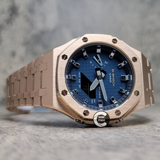 Casioak Mod Watch Rose Gold Case Metal Strap Blue Silver Time Mark Blue Dial 44mm- Casioak Mod Casio G-Shock Royal Oak Custom Mens Luxury Watches Ga2100