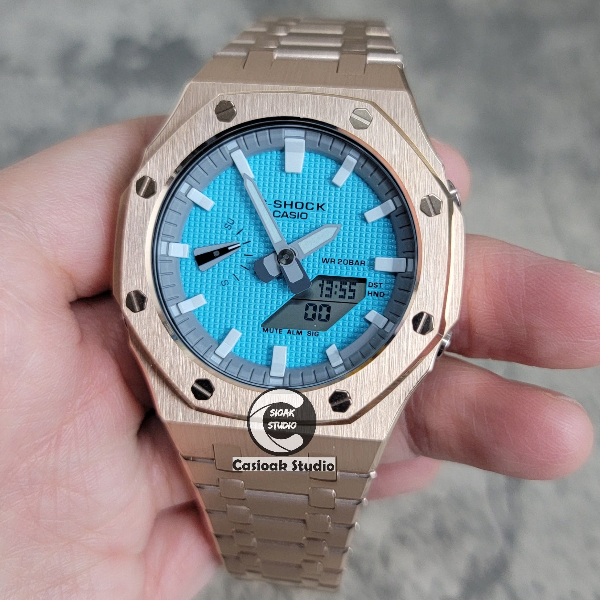 Casioak Mod Watch Rose Gold Case Metal Strap Light Gray White Time Mark Tiff Blue Dial 44mm- Casioak Mod Casio G-Shock Royal Oak Custom Mens Luxury Watches Ga2100