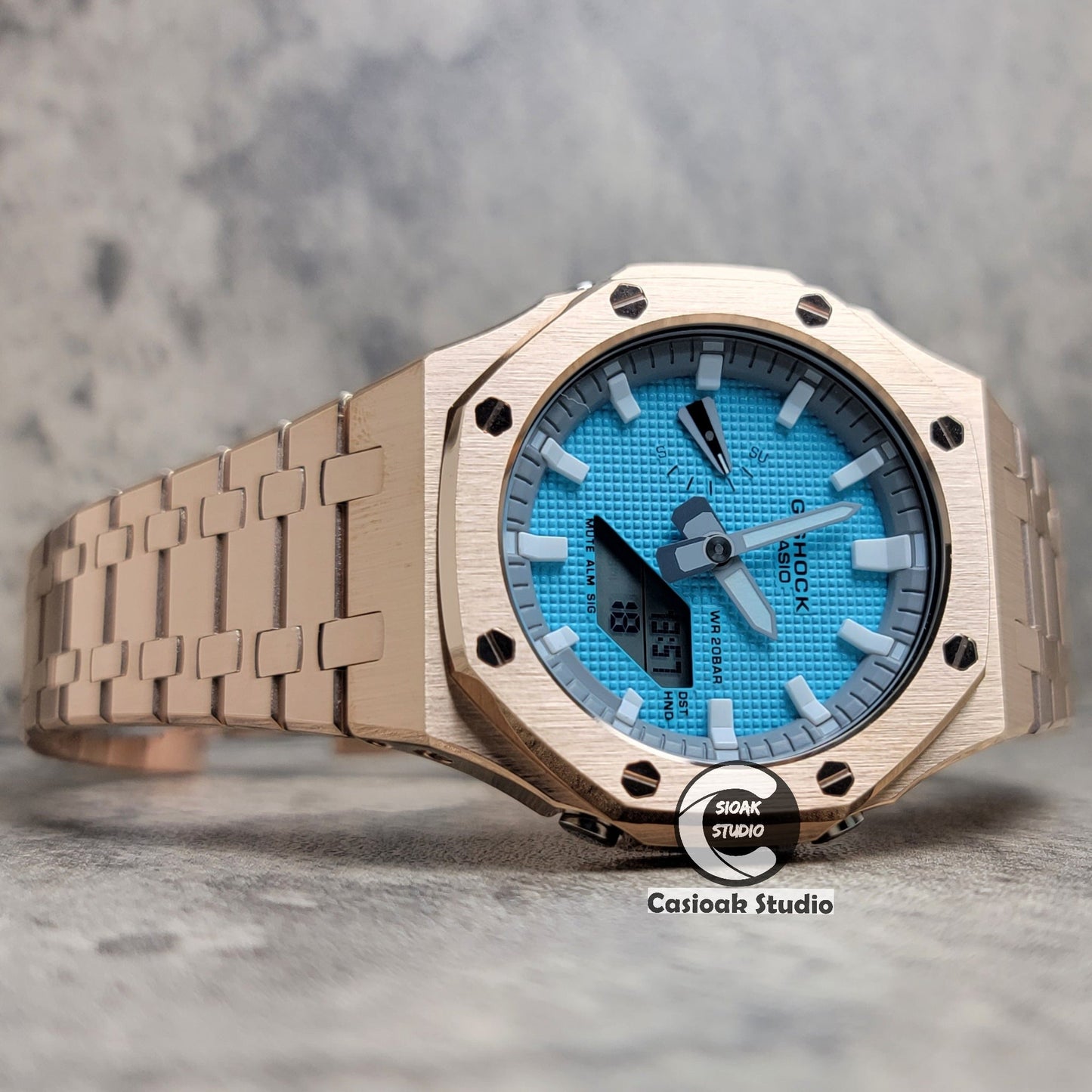 Casioak Mod Watch Rose Gold Case Metal Strap Light Gray White Time Mark Tiff Blue Dial 44mm- Casioak Mod Casio G-Shock Royal Oak Custom Mens Luxury Watches Ga2100