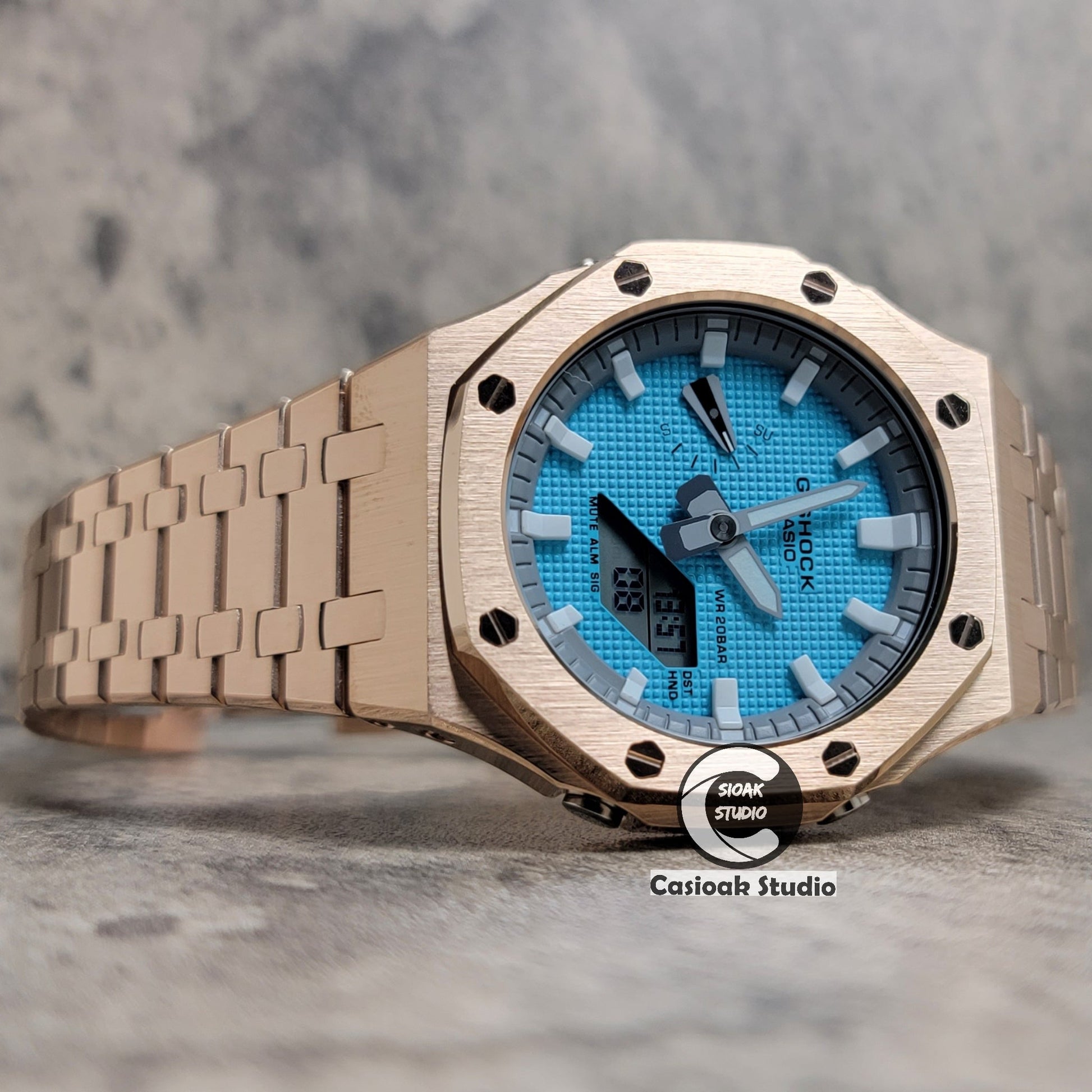 Casioak Mod Watch Rose Gold Case Metal Strap Light Gray White Time Mark Tiff Blue Dial 44mm- Casioak Mod Casio G-Shock Royal Oak Custom Mens Luxury Watches Ga2100