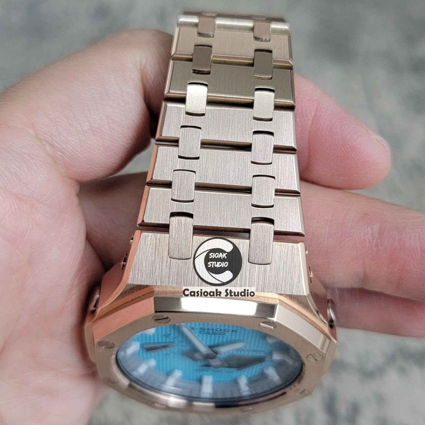 Casioak Mod Watch Rose Gold Case Metal Strap Light Gray White Time Mark Tiff Blue Dial 44mm- Casioak Mod Casio G-Shock Royal Oak Custom Mens Luxury Watches Ga2100