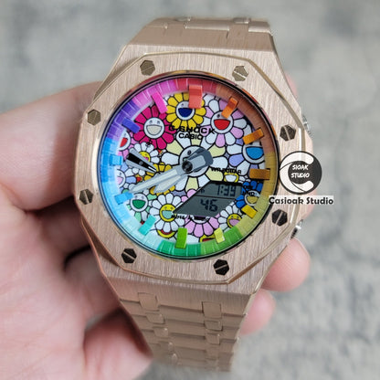 Casioak Mod Watch Rose Gold Case Metal Strap Rainbow Time Mark Takashi Murakami Dial 44mm- Casioak Mod Casio G-Shock Royal Oak Custom Mens Luxury Watches Ga2100