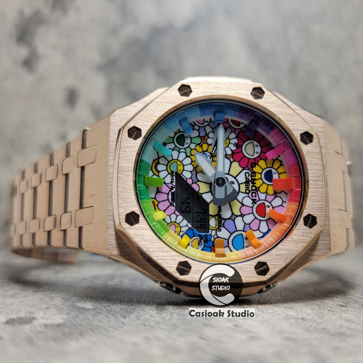 Casioak Mod Watch Rose Gold Case Metal Strap Rainbow Time Mark Takashi Murakami Dial 44mm- Casioak Mod Casio G-Shock Royal Oak Custom Mens Luxury Watches Ga2100