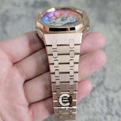 Casioak Mod Watch Rose Gold Case Metal Strap Rainbow Time Mark Takashi Murakami Dial 44mm- Casioak Mod Casio G-Shock Royal Oak Custom Mens Luxury Watches Ga2100