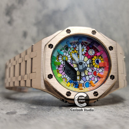 Casioak Mod Watch Rose Gold Case Metal Strap Rainbow Time Mark Takashi Murakami Dial 44mm- Casioak Mod Casio G-Shock Royal Oak Custom Mens Luxury Watches Ga2100