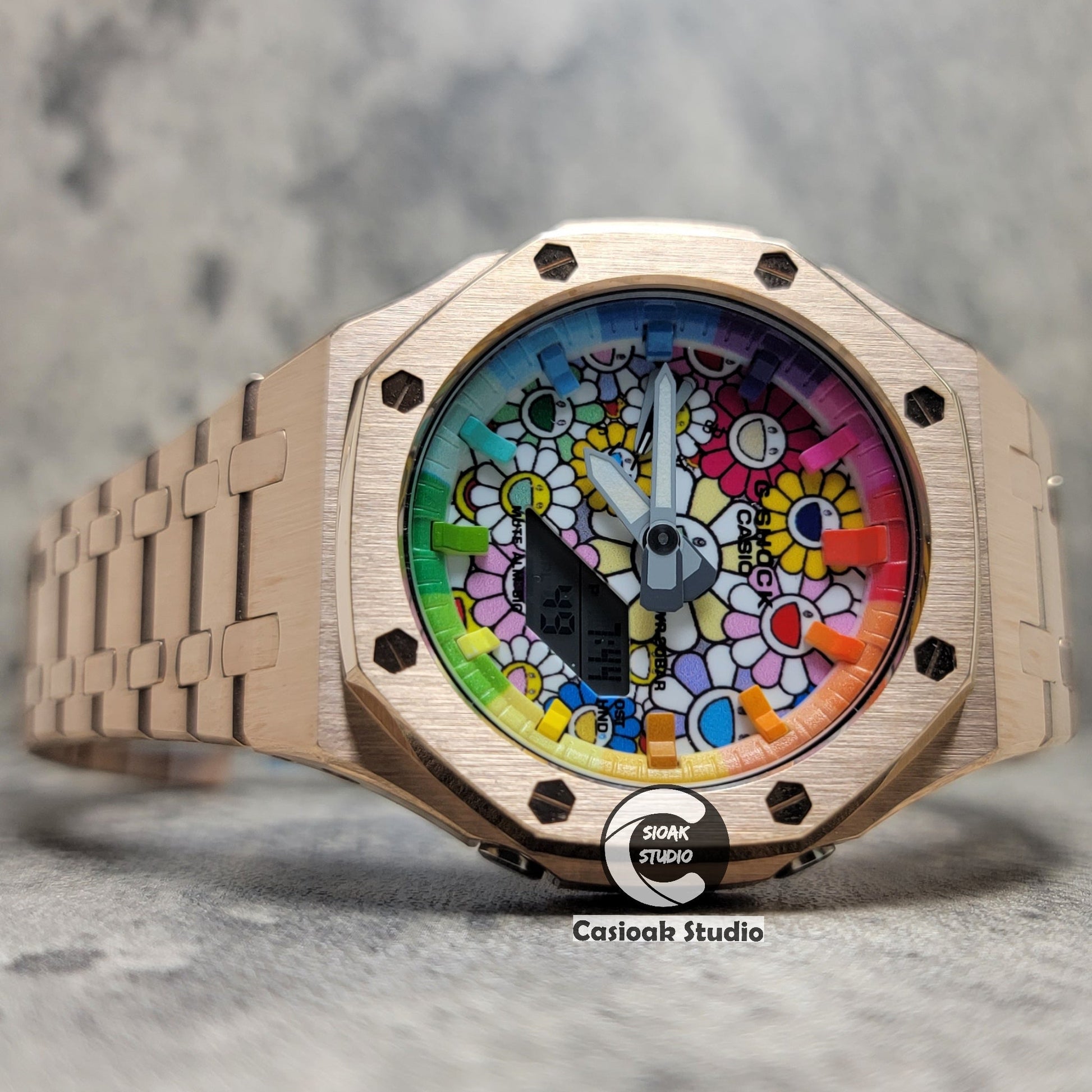 Casioak Mod Watch Rose Gold Case Metal Strap Rainbow Time Mark Takashi Murakami Dial 44mm- Casioak Mod Casio G-Shock Royal Oak Custom Mens Luxury Watches Ga2100