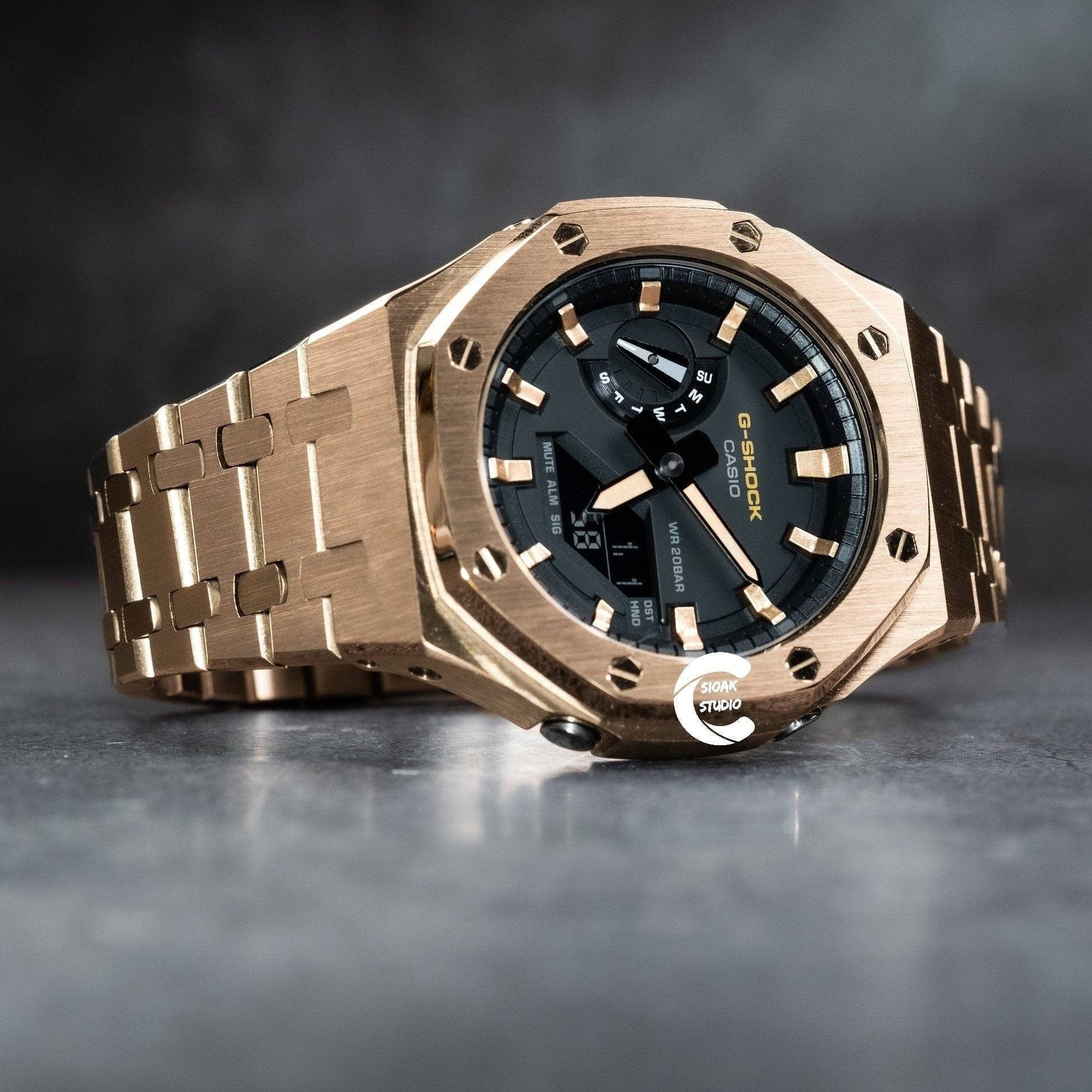 Casioak Mod Watch Rose Gold Case Metal Strap Rose Gold Time Mark Black Dial 44mm- Casioak Mod Casio G-Shock Royal Oak Custom Mens Luxury Watches Ga2100