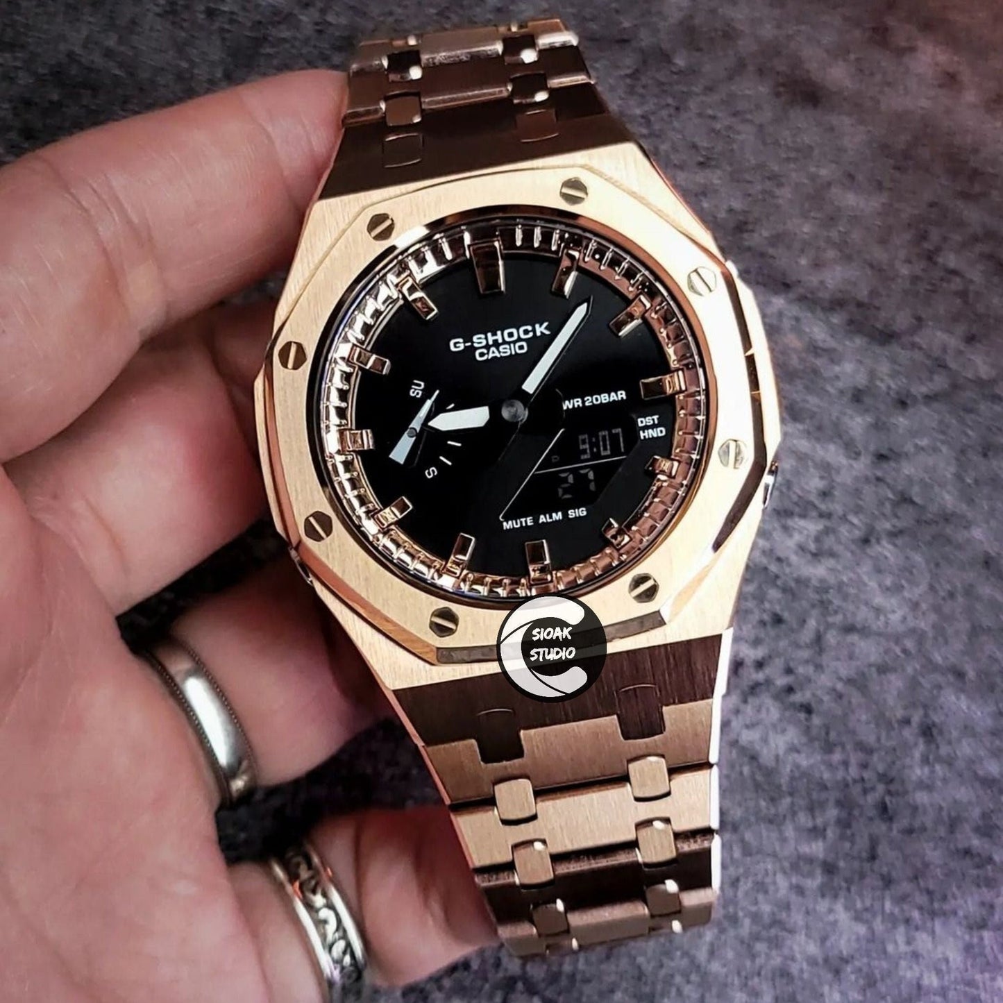 Casioak Mod Watch Rose Gold Case Metal Strap Rose Gold Time Mark Black Dial 44mm- Casioak Mod Casio G-Shock Royal Oak Custom Mens Luxury Watches Ga2100