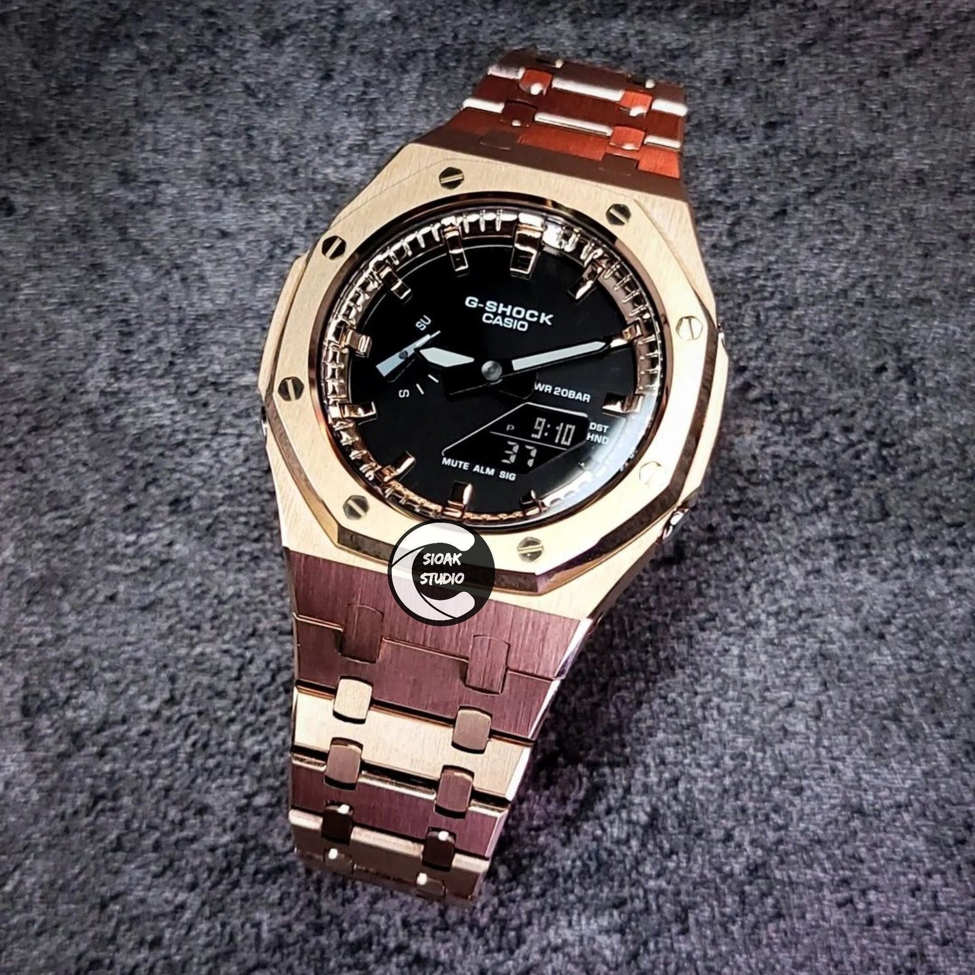 Casioak Mod Watch Rose Gold Case Metal Strap Rose Gold Time Mark Black Dial 44mm- Casioak Mod Casio G-Shock Royal Oak Custom Mens Luxury Watches Ga2100