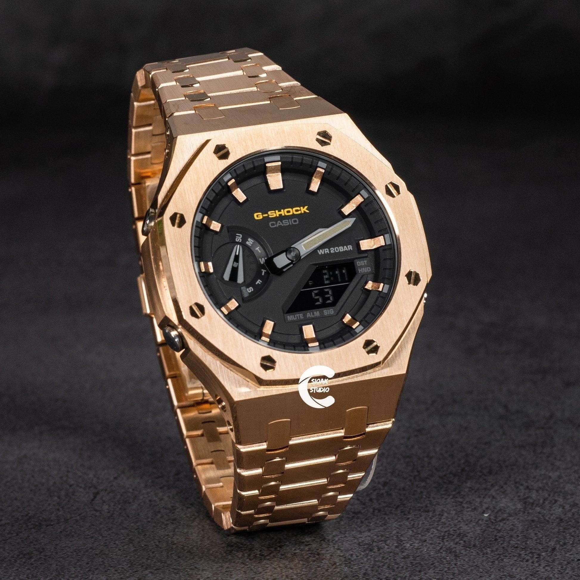 Casioak Mod Watch Rose Gold Case Metal Strap Rose Gold Time Mark Black Dial 44mm- Casioak Mod Casio G-Shock Royal Oak Custom Mens Luxury Watches Ga2100