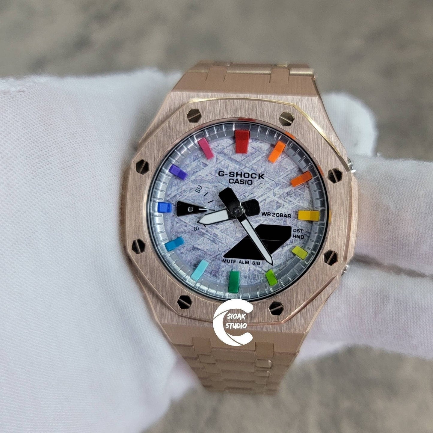 Casioak Mod Watch Rose Gold Case Metal Strap Silver Rainbow Time Mark Meteorite Dial 44mm- Casioak Mod Casio G-Shock Royal Oak Custom Mens Luxury Watches Ga2100