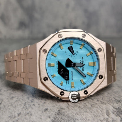 Casioak Mod Watch Rose Gold Case Metal Strap Tiff Gold Time Mark Tiff Blue Dial 44mm- Casioak Mod Casio G-Shock Royal Oak Custom Mens Luxury Watches Ga2100