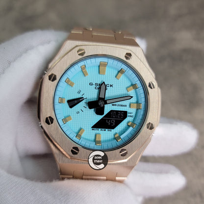 Casioak Mod Watch Rose Gold Case Metal Strap Tiff Gold Time Mark Tiff Blue Dial 44mm- Casioak Mod Casio G-Shock Royal Oak Custom Mens Luxury Watches Ga2100