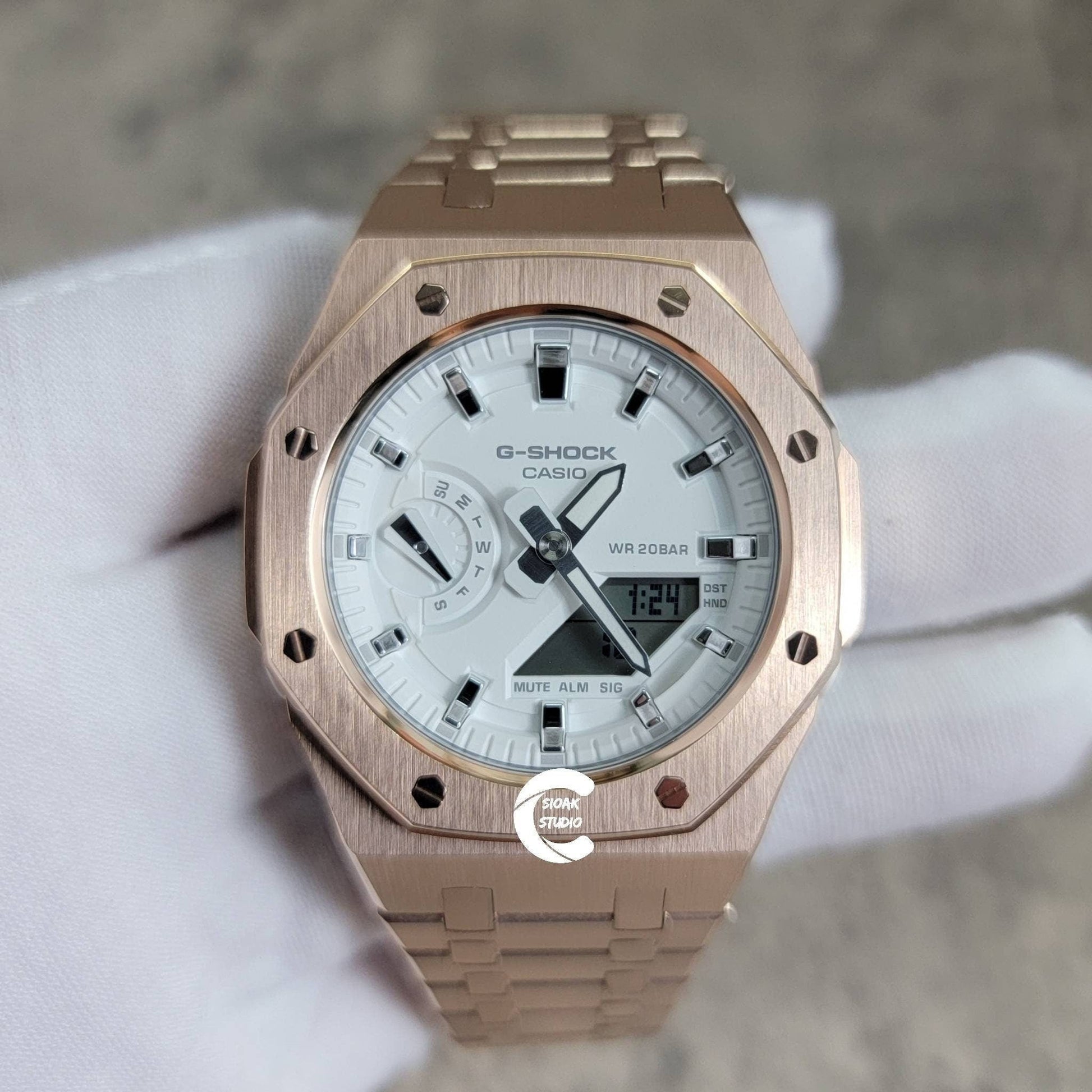 Casioak Mod Watch Rose Gold Case Metal Strap White Time Mark White Dial 42mm- Casioak Mod Casio G-Shock Royal Oak Custom Mens Luxury Watches Ga2100