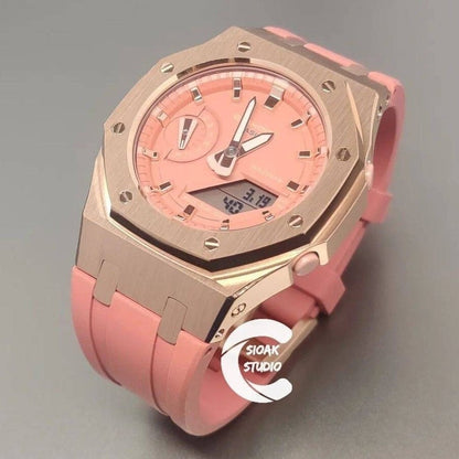 Casioak Mod Watch Rose Gold Case Pink Rubber Strap Pink Rose Gold Time Mark Pink Dial 42mm- Casioak Mod Casio G-Shock Royal Oak Custom Mens Luxury Watches Ga2100