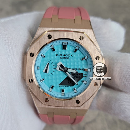 Casioak Mod Watch Rose Gold Case Pink Rubber Strap Tiff Blue Silver Time Mark Tiff Blue Dial 42mm- Casioak Mod Casio G-Shock Royal Oak Custom Mens Luxury Watches Ga2100