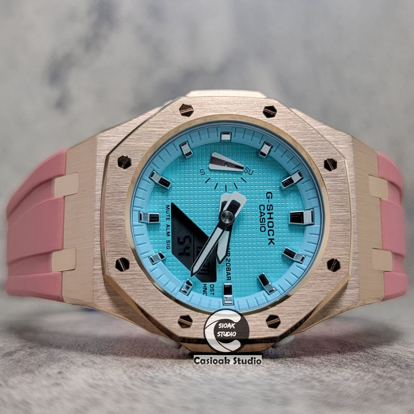 Casioak Mod Watch Rose Gold Case Pink Rubber Strap Tiff Blue Silver Time Mark Tiff Blue Dial 42mm- Casioak Mod Casio G-Shock Royal Oak Custom Mens Luxury Watches Ga2100