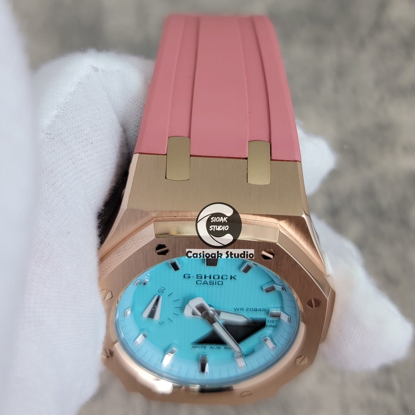 Casioak Mod Watch Rose Gold Case Pink Rubber Strap Tiff Blue Silver Time Mark Tiff Blue Dial 42mm- Casioak Mod Casio G-Shock Royal Oak Custom Mens Luxury Watches Ga2100