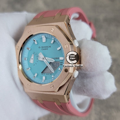 Casioak Mod Watch Rose Gold Case Pink Rubber Strap Tiff Blue Silver Time Mark Tiff Blue Dial 42mm- Casioak Mod Casio G-Shock Royal Oak Custom Mens Luxury Watches Ga2100