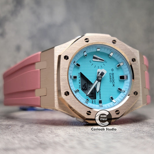 Casioak Mod Watch Rose Gold Case Pink Rubber Strap Tiff Blue Silver Time Mark Tiff Blue Dial 42mm- Casioak Mod Casio G-Shock Royal Oak Custom Mens Luxury Watches Ga2100