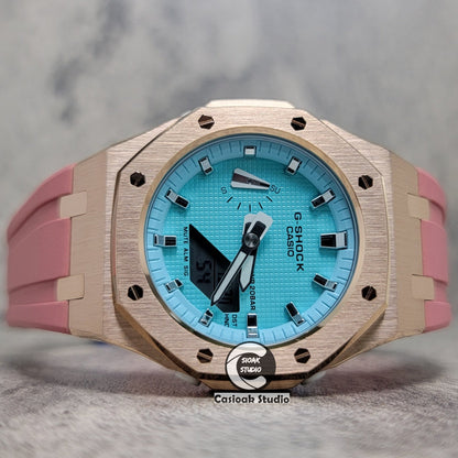 Casioak Mod Watch Rose Gold Case Pink Rubber Strap Tiff Silver Time Mark Tiff Blue Dial 42mm- Casioak Mod Casio G-Shock Royal Oak Custom Mens Luxury Watches Ga2100