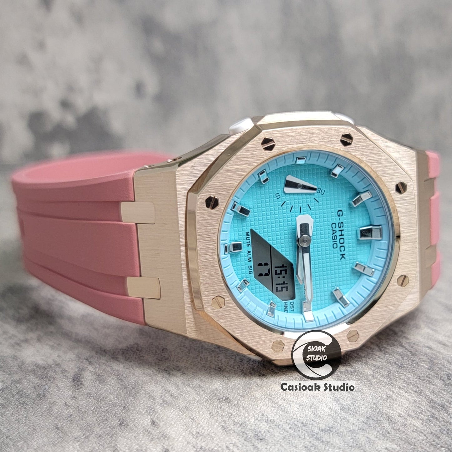 Casioak Mod Watch Rose Gold Case Pink Rubber Strap Tiff Silver Time Mark Tiff Blue Dial 42mm- Casioak Mod Casio G-Shock Royal Oak Custom Mens Luxury Watches Ga2100