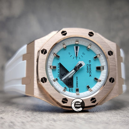 Casioak Mod Watch Rose Gold Case White Rubber Strap White Rose Gold Time Mark Tiff Blue Dial 42mm- Casioak Mod Casio G-Shock Royal Oak Custom Mens Luxury Watches Ga2100