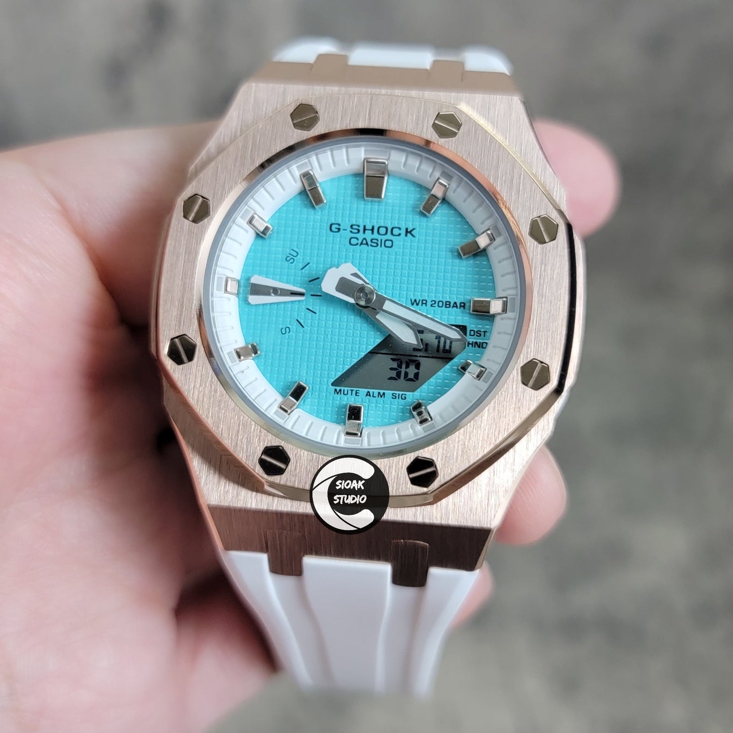 Casioak Mod Watch Rose Gold Case White Rubber Strap White Rose Gold Time Mark Tiff Blue Dial 42mm- Casioak Mod Casio G-Shock Royal Oak Custom Mens Luxury Watches Ga2100