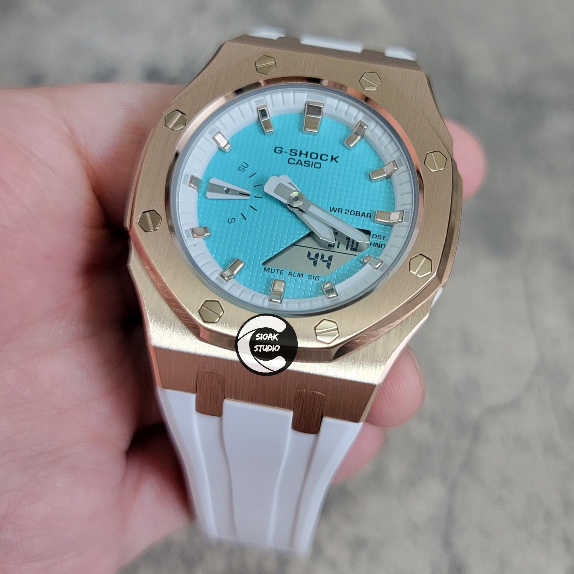 Casioak Mod Watch Rose Gold Case White Rubber Strap White Rose Gold Time Mark Tiff Blue Dial 42mm- Casioak Mod Casio G-Shock Royal Oak Custom Mens Luxury Watches Ga2100