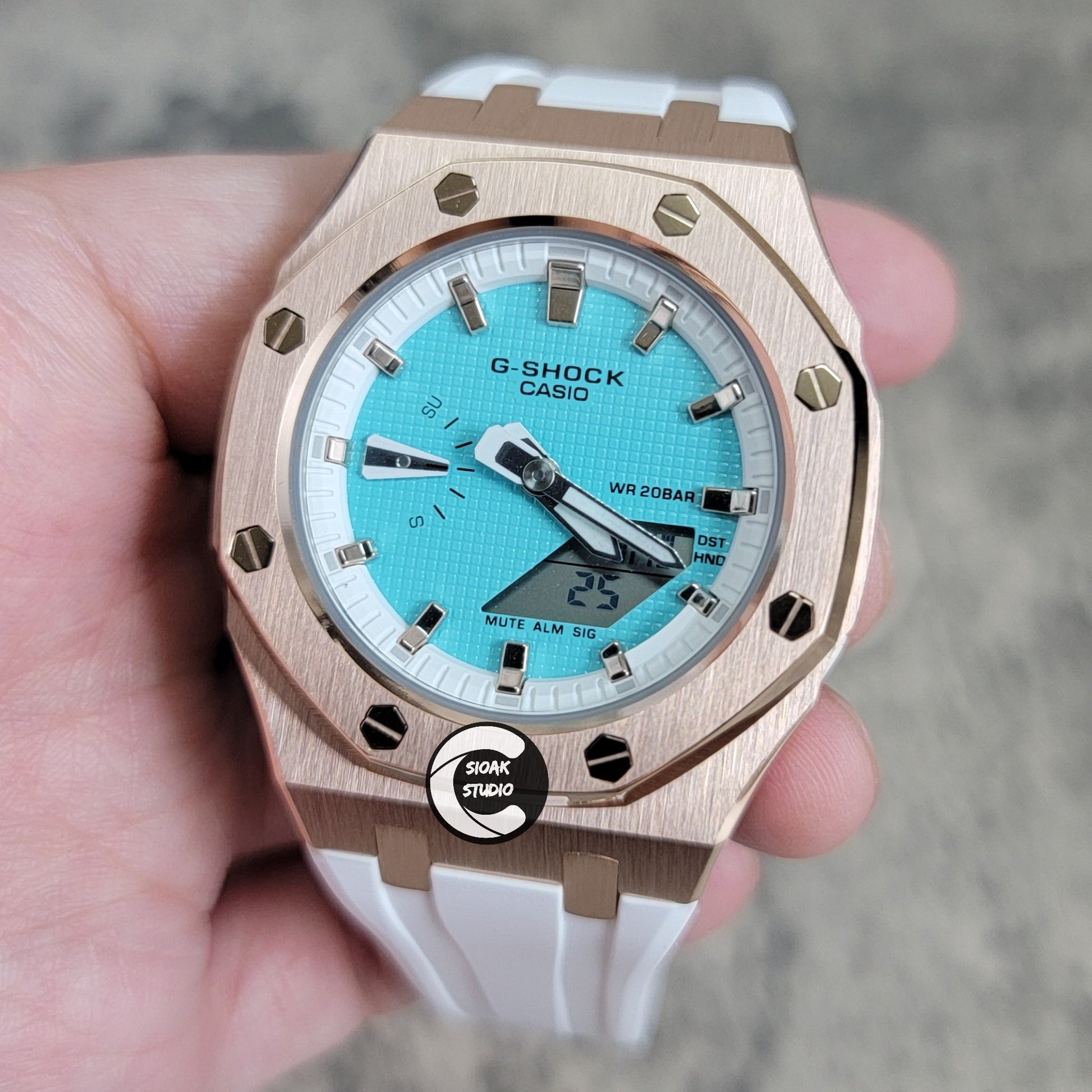 Casioak Mod Watch Rose Gold Case White Rubber Strap White Rose Gold Time Mark Tiff Blue Dial 42mm- Casioak Mod Casio G-Shock Royal Oak Custom Mens Luxury Watches Ga2100