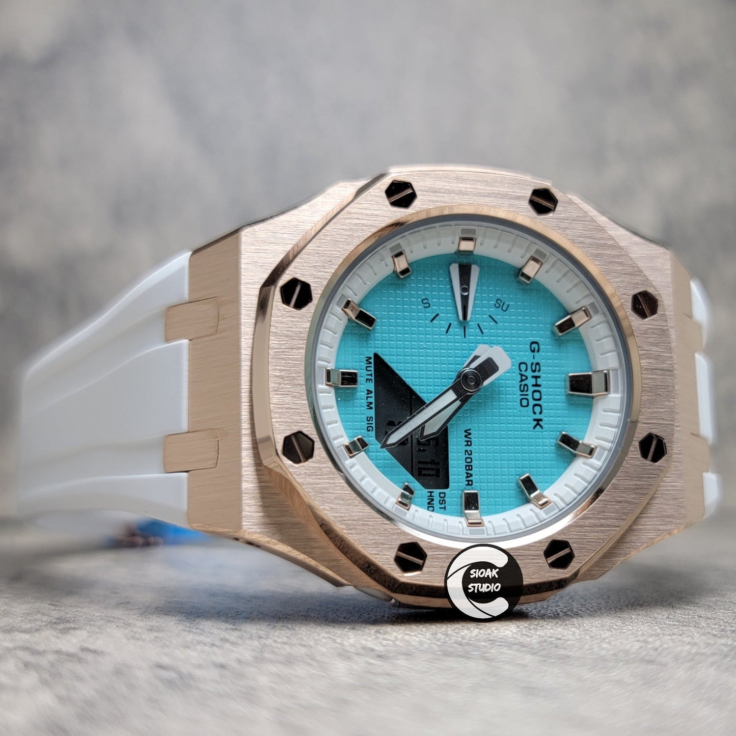 Casioak Mod Watch Rose Gold Case White Rubber Strap White Rose Gold Time Mark Tiff Blue Dial 42mm- Casioak Mod Casio G-Shock Royal Oak Custom Mens Luxury Watches Ga2100