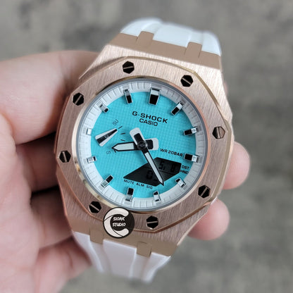 Casioak Mod Watch Rose Gold Case White Rubber Strap White Silver Time Mark Tiff Blue Dial 42mm- Casioak Mod Casio G-Shock Royal Oak Custom Mens Luxury Watches Ga2100