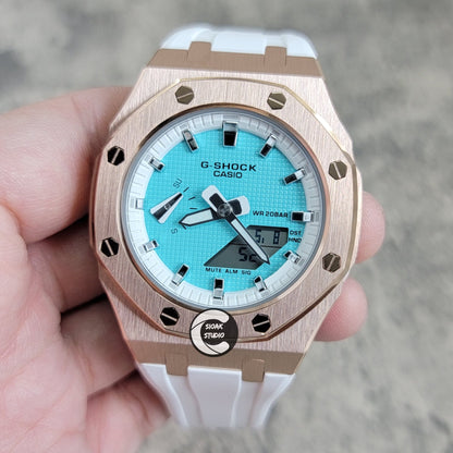 Casioak Mod Watch Rose Gold Case White Rubber Strap White Silver Time Mark Tiff Blue Dial 42mm- Casioak Mod Casio G-Shock Royal Oak Custom Mens Luxury Watches Ga2100