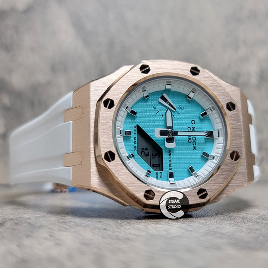 Casioak Mod Watch Rose Gold Case White Rubber Strap White Silver Time Mark Tiff Blue Dial 42mm- Casioak Mod Casio G-Shock Royal Oak Custom Mens Luxury Watches Ga2100