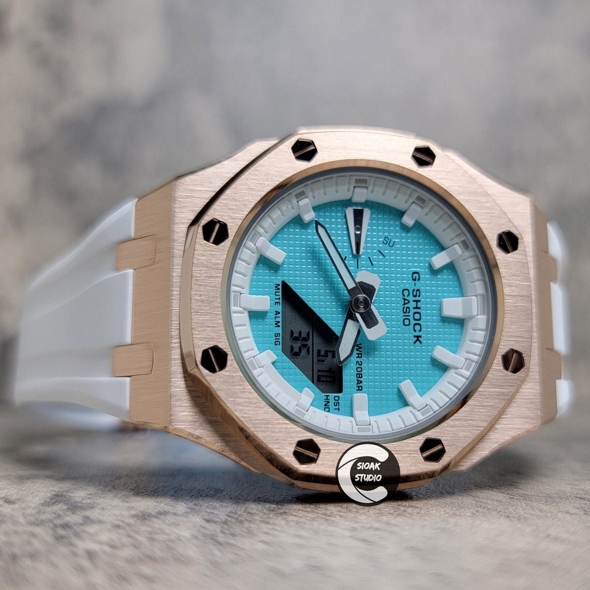 Casioak Mod Watch Rose Gold Case White Rubber Strap White Time Mark Tiff Blue Dial 42mm- Casioak Mod Casio G-Shock Royal Oak Custom Mens Luxury Watches Ga2100