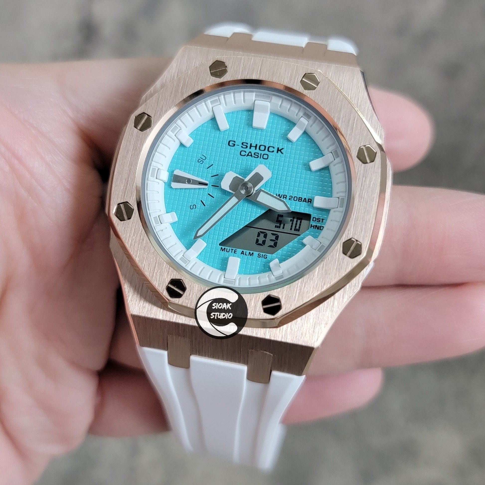 Casioak Mod Watch Rose Gold Case White Rubber Strap White Time Mark Tiff Blue Dial 42mm- Casioak Mod Casio G-Shock Royal Oak Custom Mens Luxury Watches Ga2100