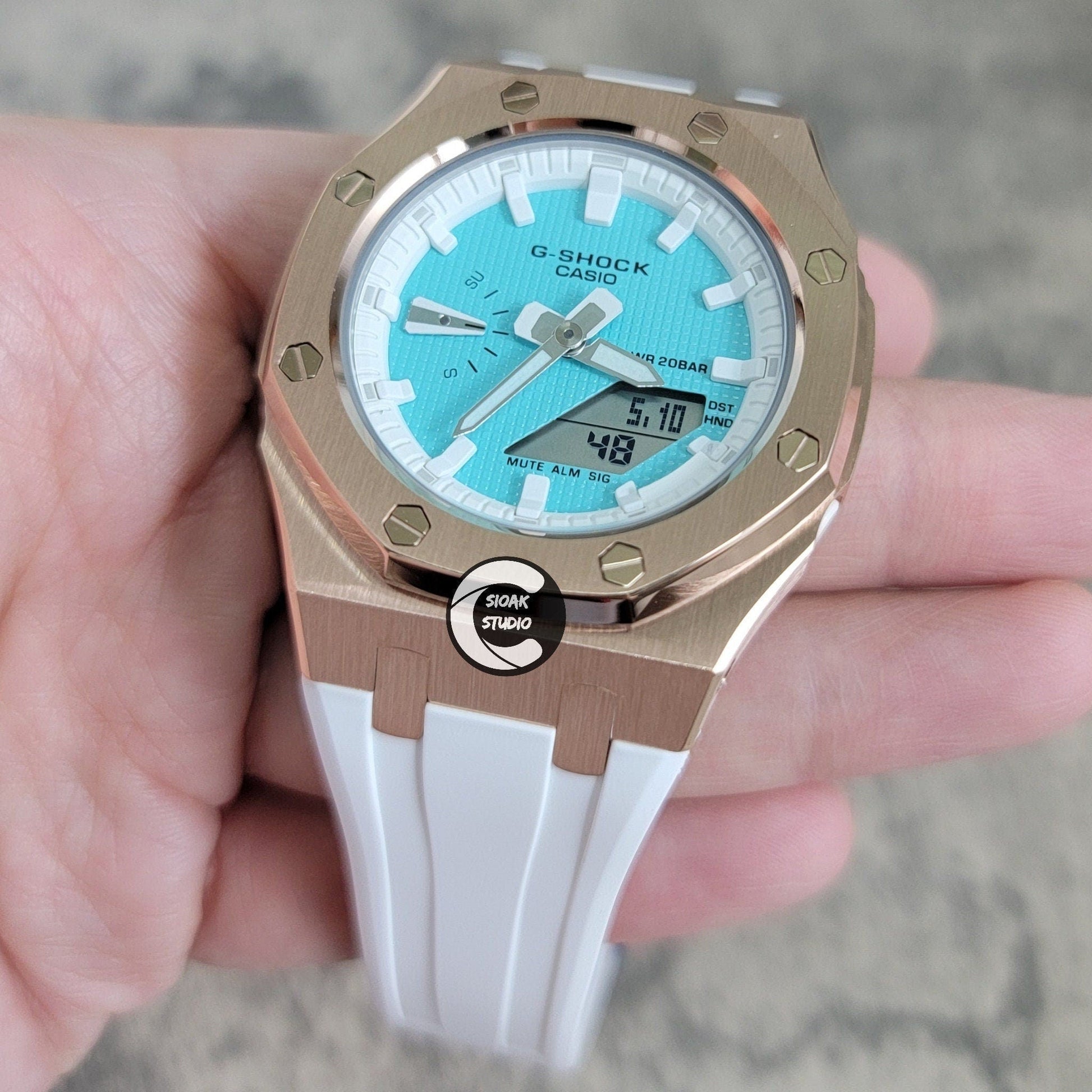 Casioak Mod Watch Rose Gold Case White Rubber Strap White Time Mark Tiff Blue Dial 42mm- Casioak Mod Casio G-Shock Royal Oak Custom Mens Luxury Watches Ga2100