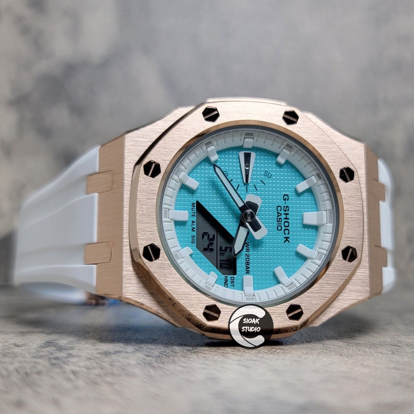 Casioak Mod Watch Rose Gold Case White Rubber Strap White Time Mark Tiff Blue Dial 42mm- Casioak Mod Casio G-Shock Royal Oak Custom Mens Luxury Watches Ga2100