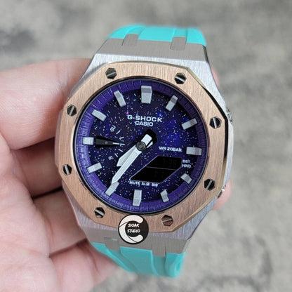 Casioak Mod Watch Rose Gold Silver Case Tiff Rubber Strap Purple Silver Time Mark Purple Dial 44mm- Casioak Mod Casio G-Shock Royal Oak Custom Mens Luxury Watches Ga2100