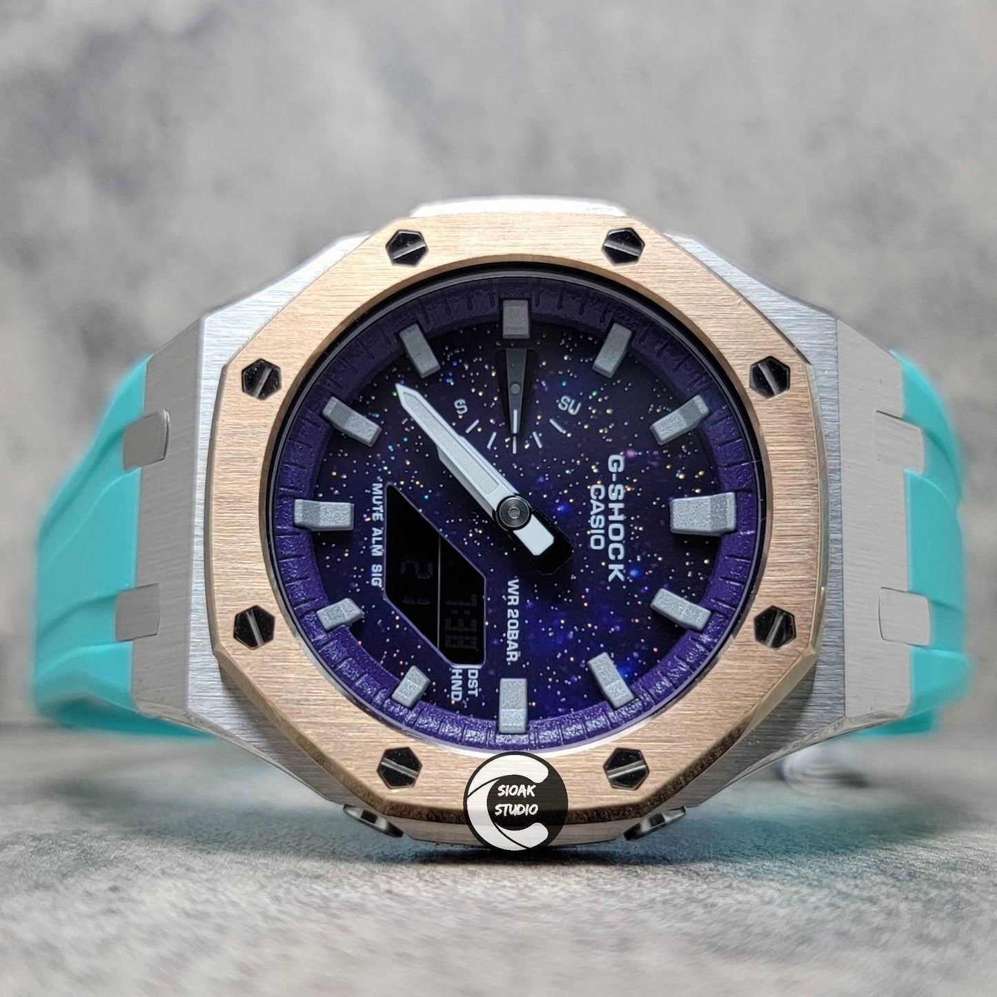 Casioak Mod Watch Rose Gold Silver Case Tiff Rubber Strap Purple Silver Time Mark Purple Dial 44mm- Casioak Mod Casio G-Shock Royal Oak Custom Mens Luxury Watches Ga2100