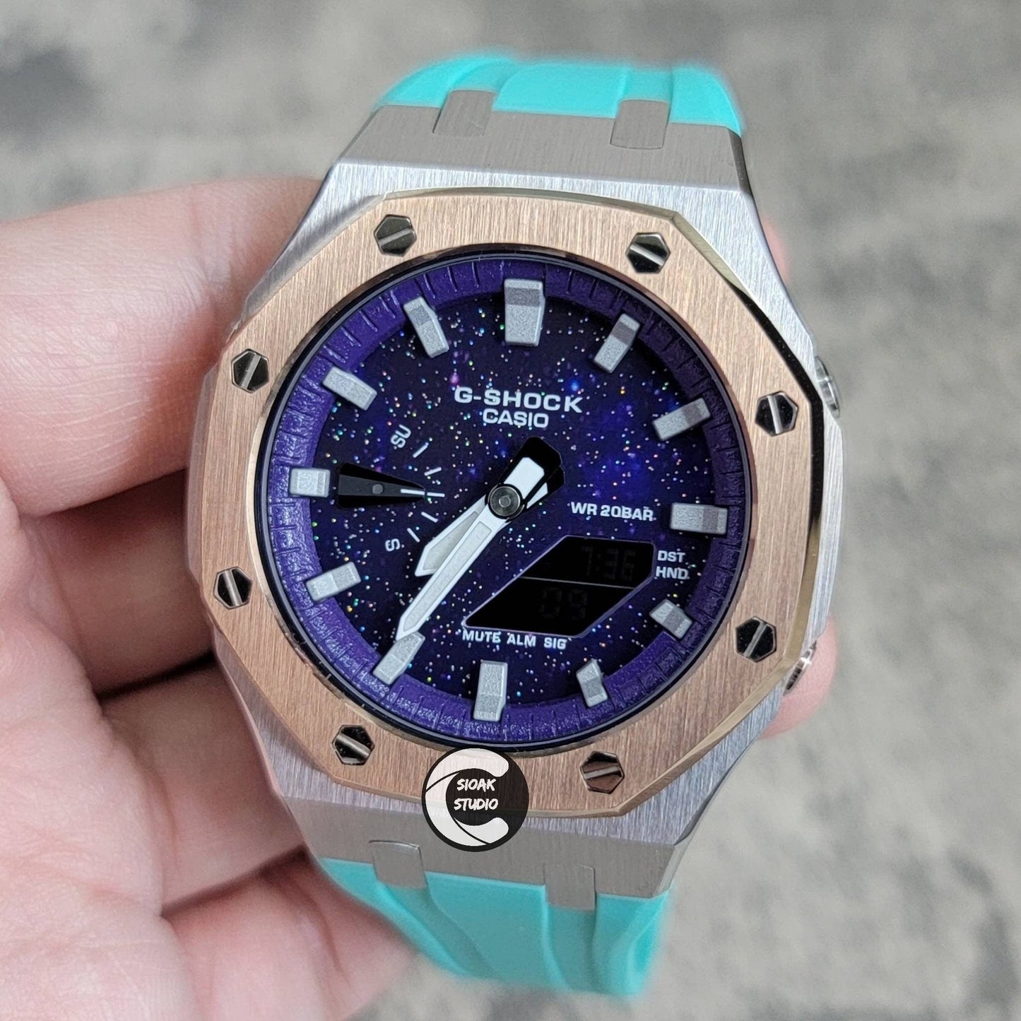 Casioak Mod Watch Rose Gold Silver Case Tiff Rubber Strap Purple Silver Time Mark Purple Dial 44mm- Casioak Mod Casio G-Shock Royal Oak Custom Mens Luxury Watches Ga2100