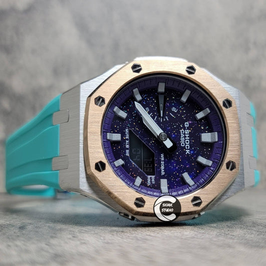 Casioak Mod Watch Rose Gold Silver Case Tiff Rubber Strap Purple Silver Time Mark Purple Dial 44mm- Casioak Mod Casio G-Shock Royal Oak Custom Mens Luxury Watches Ga2100