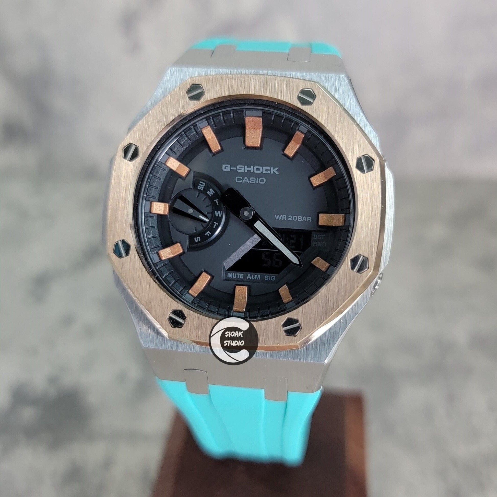 Casioak Mod Watch Rose Gold Silver Case Tiff Rubber Strap Rose Gold Time Mark Black Dial 44mm- Casioak Mod Casio G-Shock Royal Oak Custom Mens Luxury Watches Ga2100