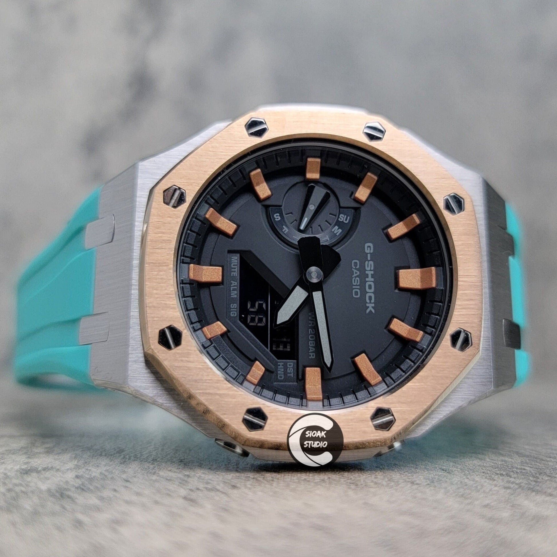 Casioak Mod Watch Rose Gold Silver Case Tiff Rubber Strap Rose Gold Time Mark Black Dial 44mm- Casioak Mod Casio G-Shock Royal Oak Custom Mens Luxury Watches Ga2100