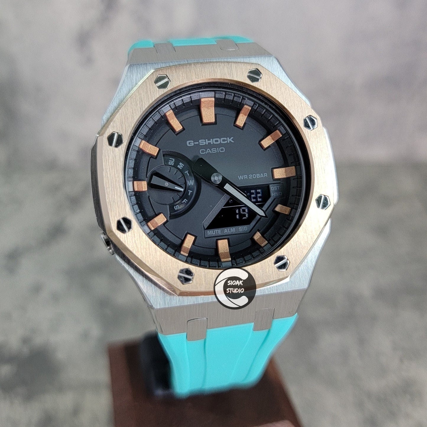 Casioak Mod Watch Rose Gold Silver Case Tiff Rubber Strap Rose Gold Time Mark Black Dial 44mm- Casioak Mod Casio G-Shock Royal Oak Custom Mens Luxury Watches Ga2100