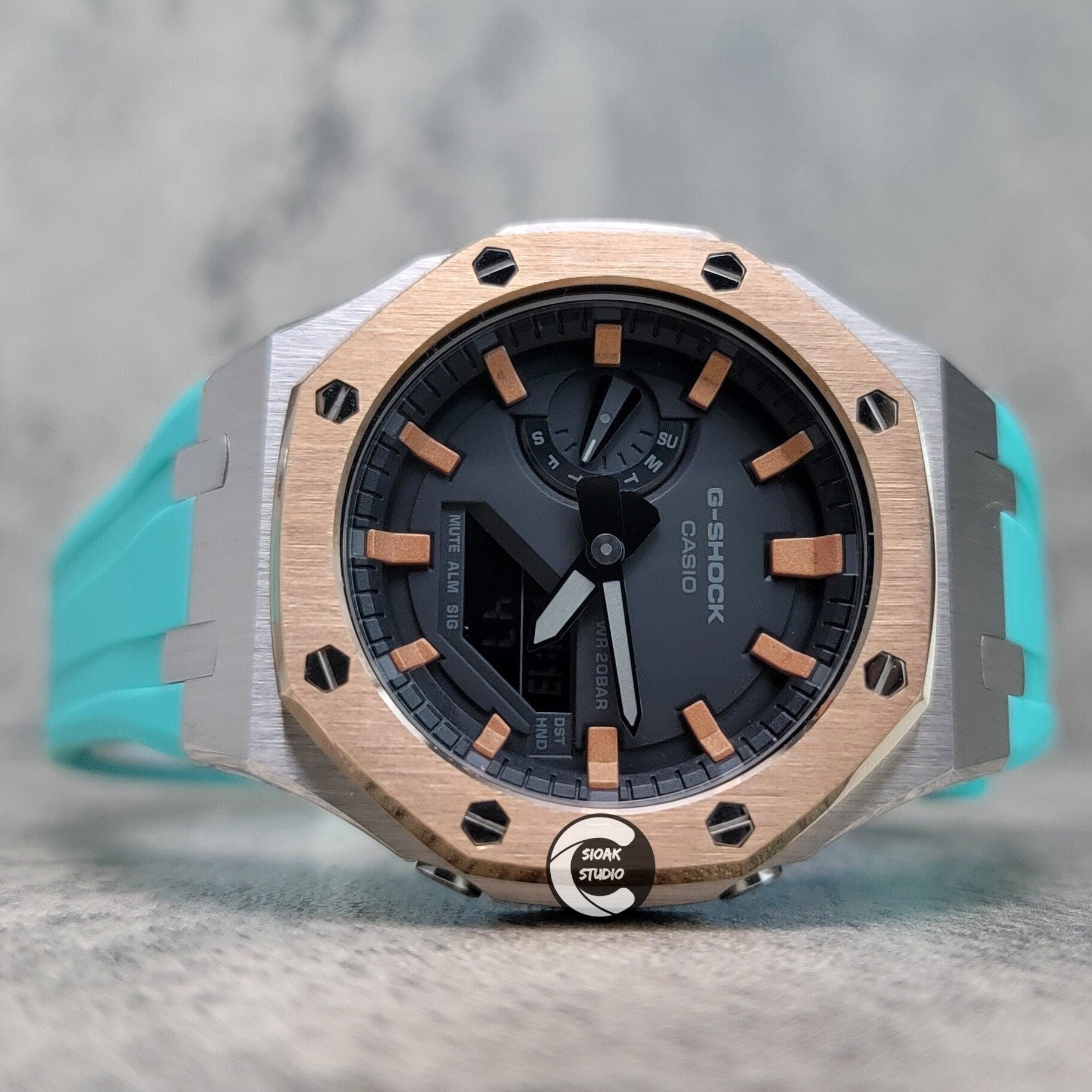 Casioak Mod Watch Rose Gold Silver Case Tiff Rubber Strap Rose Gold Time Mark Black Dial 44mm- Casioak Mod Casio G-Shock Royal Oak Custom Mens Luxury Watches Ga2100