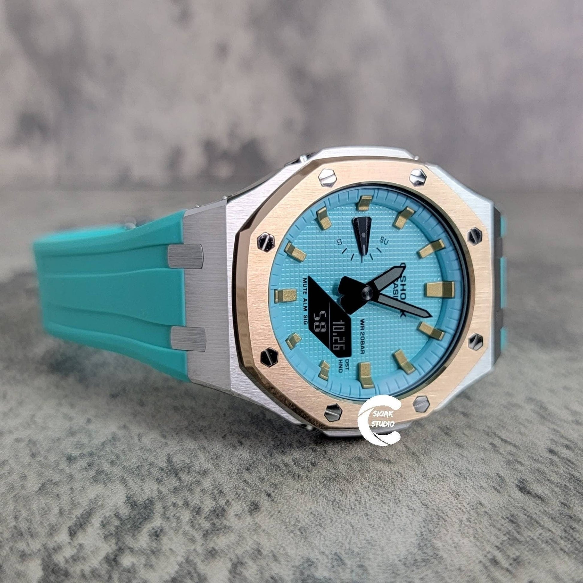 Casioak Mod Watch Rose Gold Silver Case Tiff Rubber Strap Tiff Gold Time Mark Tiff Blue Dial 44mm- Casioak Mod Casio G-Shock Royal Oak Custom Mens Luxury Watches Ga2100